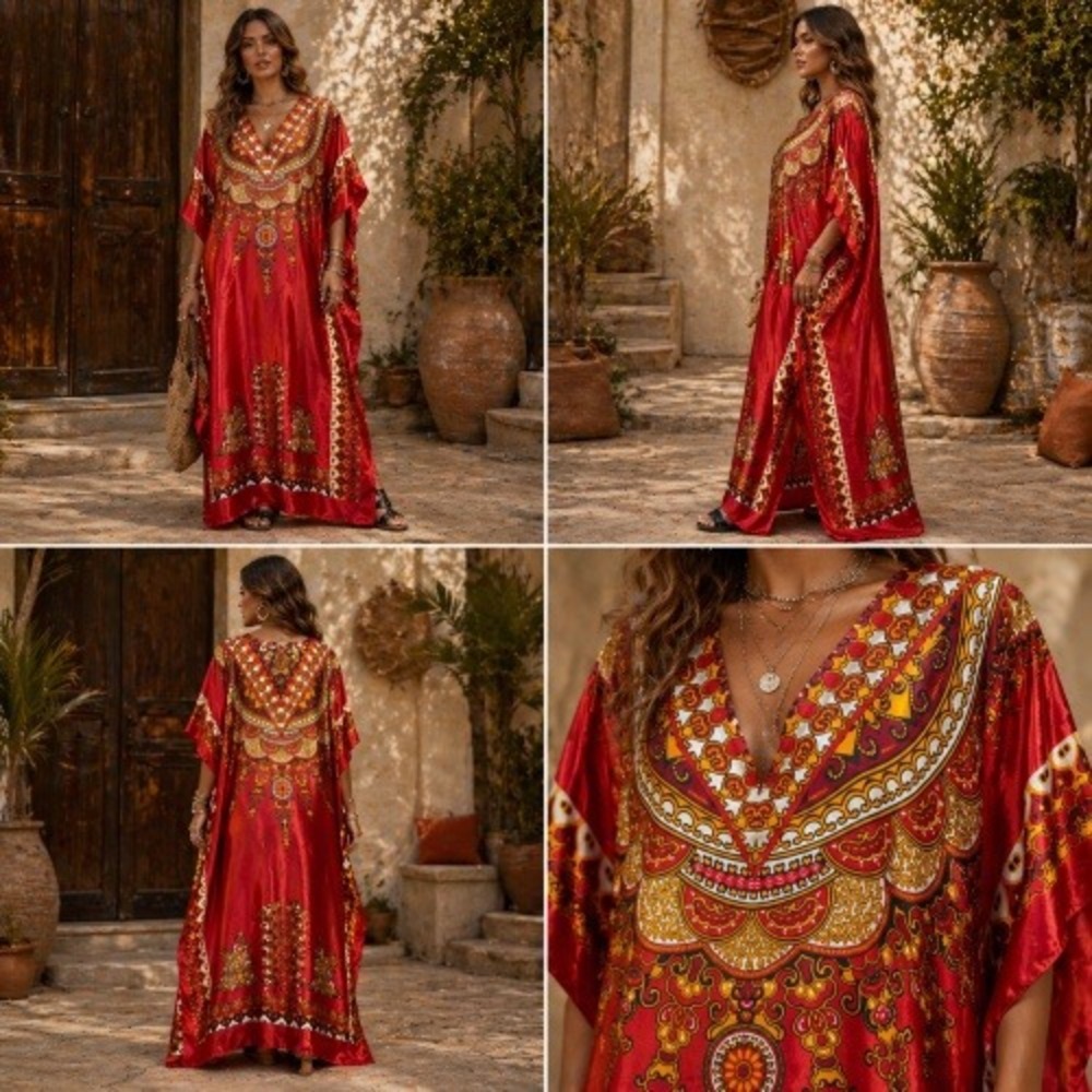 Vtg Ashro Satin Kaftan Maxi Dress Oversized OS Red Medallian Caftan Ethnic Boho